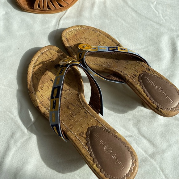 Tan suede slip ons with kitten heels and open toe. Lindsay Phillips switch flops - Picture 2 of 2